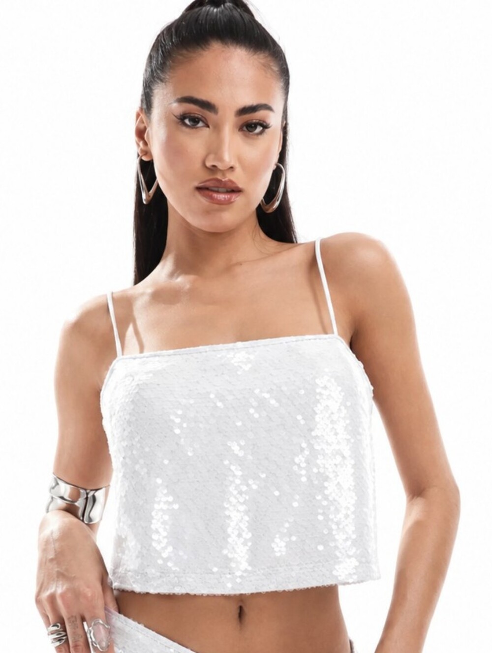 Abercrombie & Fitch White Sequin Spaghetti Strap Crop Camisole Size M